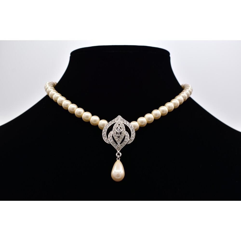 Vintage Pearl Rhinestone Drop Pendant Necklace Choker Collar Pave Crystal BinBN